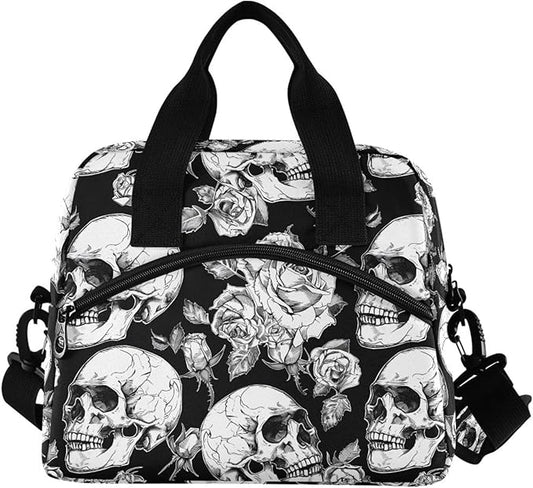 MNSRUU Insulated Lunch Bag Gothic Skulls and Flowers Women Men Fabric Dinner Tote Cooler Bag Reusable Leakproof Lunch Box with Adjustable Shoulder Handles Strap For Work School