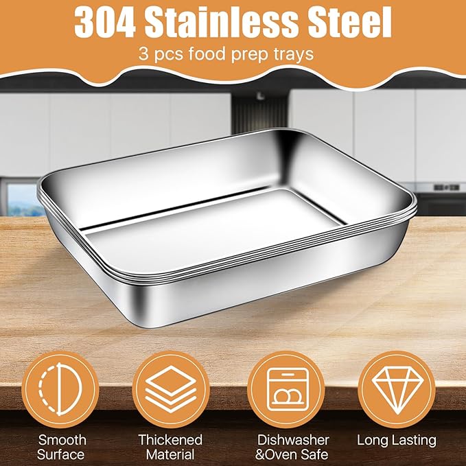 3 Set Stainless Steel Breading Trays Set with Lids, Dust Proof Breading Pans with Tong for Dredging Chicken Breasts，Marinating Meat, Food Prep Trays Oven & Dishwasher Safe