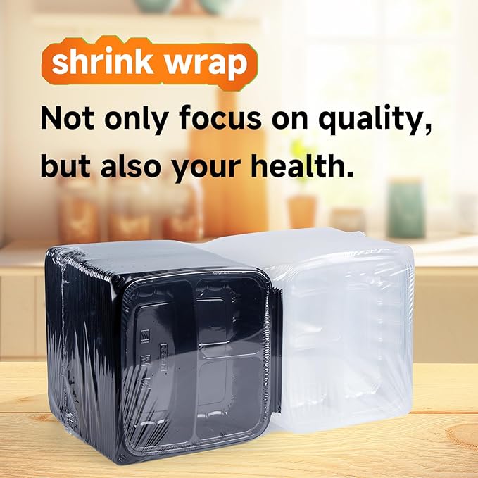 YANGRUI To Go Containers, Reusable Anti-Fog Leak Proof Shrink Wrap 25 Pack 34 oz 8 Inch 3 Compartment Clamshell Take Out Container BPA Free Pure PP Meterial Microwave Freezer Safe Meal Prep Boxes