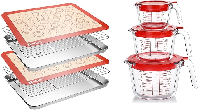 6 Pcs Stainless Steel Baking Sheet Tray Cooling Rack with Silicone Baking Mat Set, and 6 Pcs Glass Measuring Cups with Lids Set, for baking, Kitchen