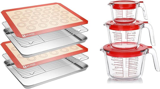 6 Pcs Stainless Steel Baking Sheet Tray Cooling Rack with Silicone Baking Mat Set, and 6 Pcs Glass Measuring Cups with Lids Set, for baking, Kitchen