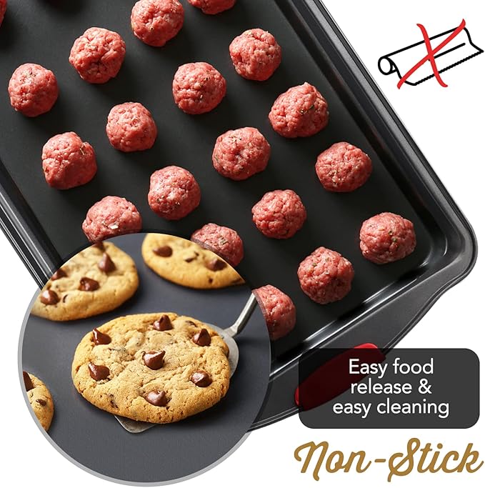 Baking Sheet Set, 2-Piece Cookie Sheet Set with Silicone Handles, Steel Baking Pan, Durable Baking Sheets for Oven, BPA Free Cookie Sheets for Baking Nonstick Set, Premium Sheet Pan, Black Baking Tray