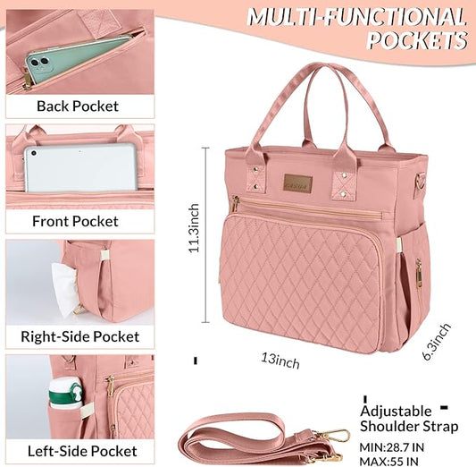 Large Women's Lunch Bags - Insulated, Durable Nylon Thermal Lunch Tote with Storage Pocket, 13"L x 6.3"W x 11.3"H, Pink