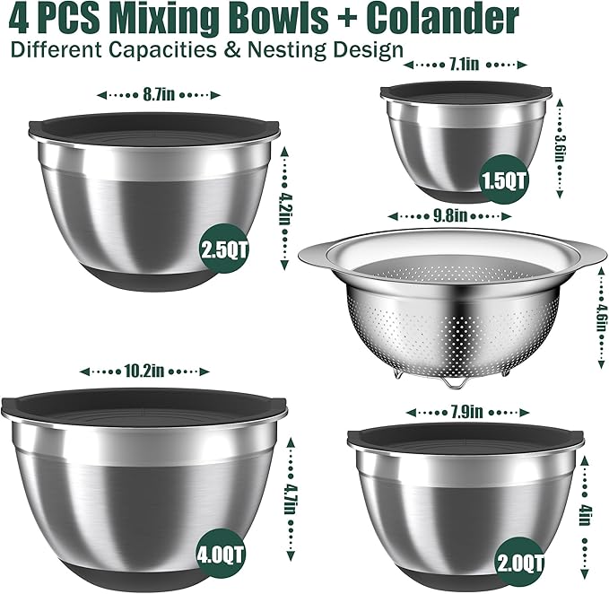 Mixing Bowls with Airtight Lids Set, 4 Stainless Steel Bowls Nesting Bowls & Colander, Kitchen Organizers and Storage Non-Slip Bottom, Size 1.5/2.0/2.5/4.0QT, Great for Mixing & Serving, Black