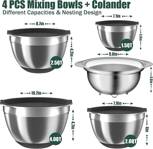 Mixing Bowls with Airtight Lids Set, 4 Stainless Steel Bowls Nesting Bowls & Colander, Kitchen Organizers and Storage Non-Slip Bottom, Size 1.5/2.0/2.5/4.0QT, Great for Mixing & Serving, Black