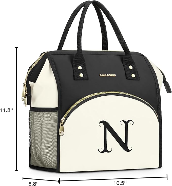 Personalized Lunch Bag for Women, Preppy Reusable Insulated Initials Lunch Box Gift for Friend Large Wide-Open Water Resistant Adult Cooler Tote Bag for Work, Travel, Picnic - Black N