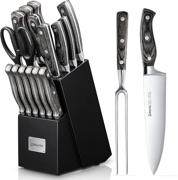 Knife Set with Block, 16 Pcs Stainless Steel Kitchen Knife Set with Sharpener & Wooden Block, Knife Block Set with Wood Handle, Chef, Santoku, Bread, Utility, Paring & Carving Fork Knife (Black)