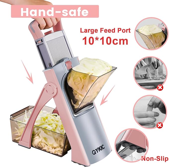 Upgrade Safe Mandoline Slicer for Kitchen, Chopper Vegetable Cutter, Potato Slicer Thickness Adjuster, French Fry Cutter, Veggie Dicer Faster Kitchen Mandolin for Meal Prep (Pink)