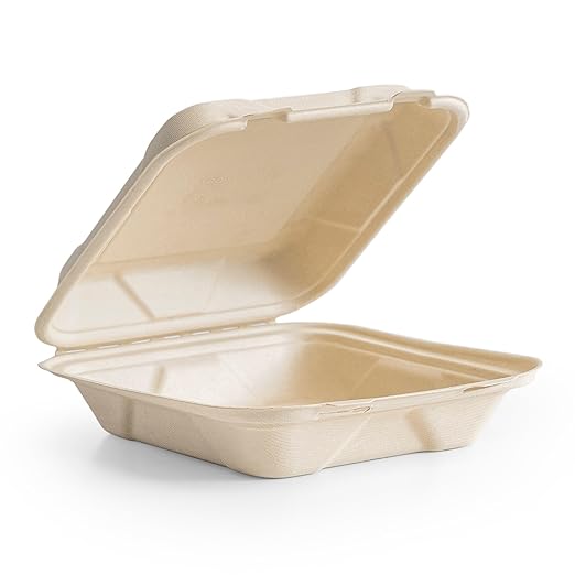 Vegware Compostable 8" Clamshell To Go Containers, Case of 200, Reclaimed Natural Fiber, For Cold or Hot Food, Large Take Out Food Box, Tree-Free, Doesn't Trap Condensation