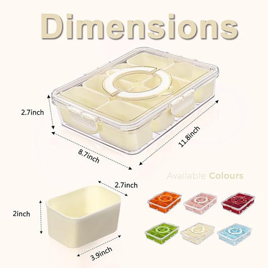U-QE Dishwasher Safe Snackle Box Container with 8 Small Snacks Box - Premium Ivory Plastic Divided Serving Tray with Lid and Handle for Snack, Veggie, Fruits, Perfect for Party, Picnic, Entertaining