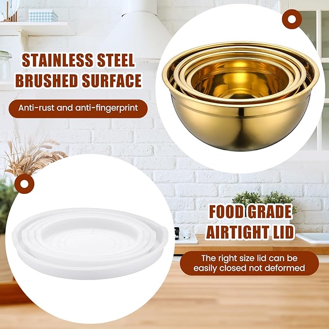 Gold Mixing Bowls with Airtight Lids Stainless Steel Mixing Bowl Set of 5, 4 Metal Nesting Organizers 4 in 1 Colander Non-slip Bottom Size 1.5, 2.0, 2.5, 4.0 Qt for Baking Serving Food