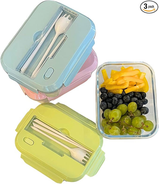 THY COLLECTIBLES Set of 3 36 OZ Glass Lunch Storage Containers with Lids and Utensils, Microwave Safe, Leak Proof, Freezer to Oven Safe for Meal Prep, Leftovers, Cooking, Bento Box (1 Compartment)