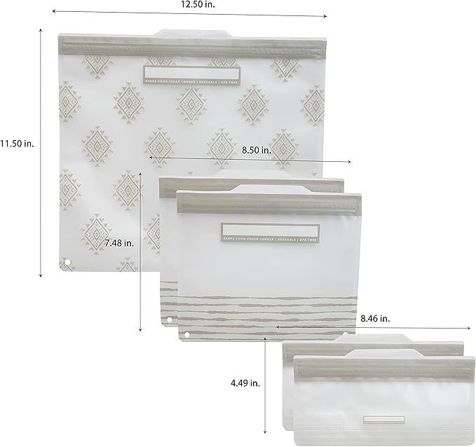Kitchen Details 5 Piece Set Reusable Bags | 1 Gallon, 2 Sandwich and 2 Snack Sized | Airtight Zipper Seal | Leak Proof | BPA Free | Food Safe Material | Food Storage | Freezer Safe | Grey