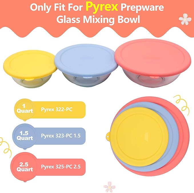 Silicone Replacement Lids Only Fit for Pyrex 322 1 Quart | 323 1.5 Quart | 325 2.5 Quart Prepware Glass Mixing Bowls, Food Grade Silicone Cover, Dishwasher & Microwave Safe (Bowl not included)- 3 Pack