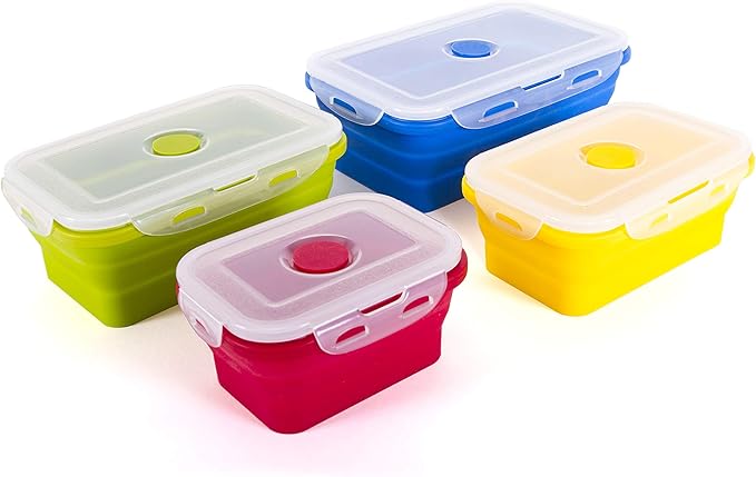 Thin Bins Collapsible Containers – Set of 4 Rectangle Silicone Food Storage Containers – BPA Free, Microwave, Dishwasher and Freezer Safe