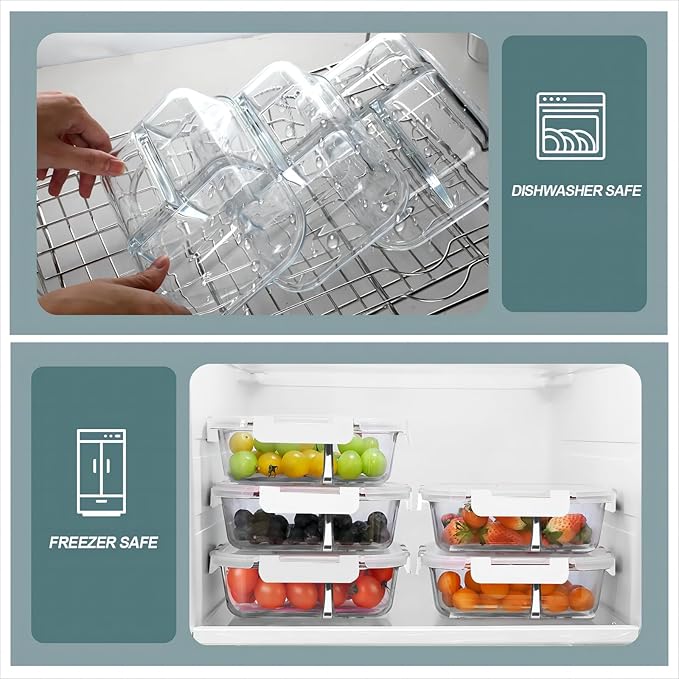 Glass Meal Prep Containers 3 Compartments, 5 Pack 36 oz, Glass Food Storage Containers with Lids, Airtight Lunch Bento Box, Portion Control, Freezer and Microwave Safe, White