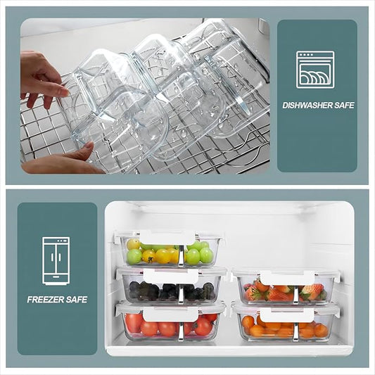 Glass Meal Prep Containers 3 Compartments, 5 Pack 36 oz, Glass Food Storage Containers with Lids, Airtight Lunch Bento Box, Portion Control, Freezer and Microwave Safe, White