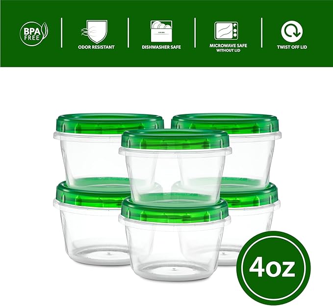 (4 Ounce 20 Pack) Twist cap Containers Clear Bottom With Green Top Screw on Lids Twist Top Food Storage Freezer Containers