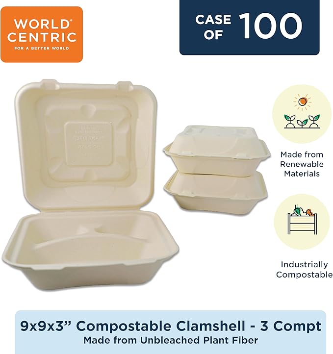World Centric Compostable Clamshell Containers 9x9x3'', 3-Compartment - Grease and Moisture Resistant - 100 Pack
