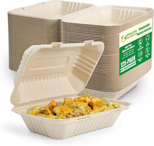 125-Pack 9x6 Inch Compostable Clamshell Take Out Food Containers,Disposable Heavy-Duty To Go Containers with Hinged Lid, Eco-Friendly Biodegradable Bagasse Take Out Food Boxes(Brown)