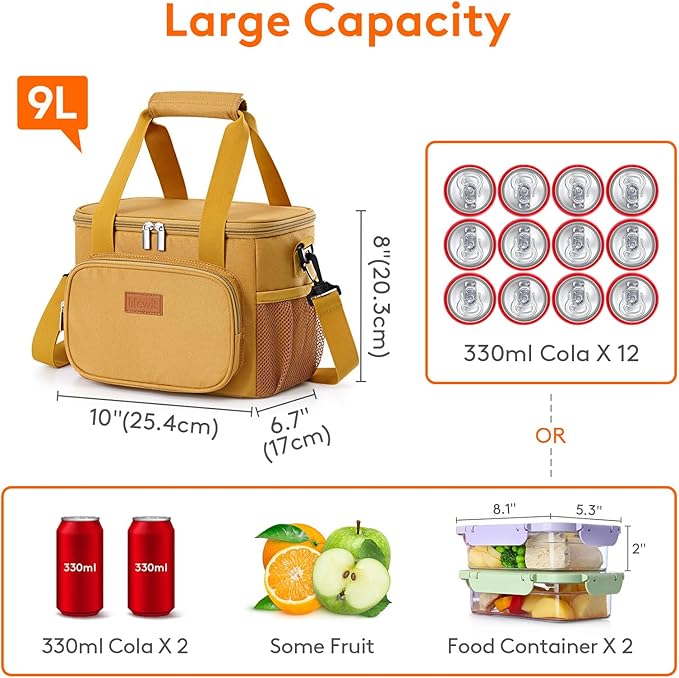 Lifewit Large Lunch Bag Insulated Lunch Box Soft Cooler Cooling Tote for Adult Men Women, Brown 12-Can (9L)