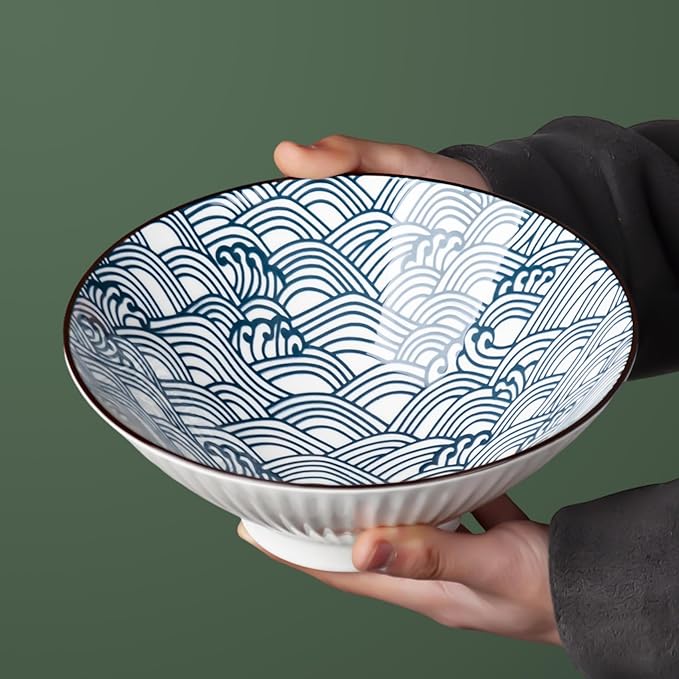 38 oz Japanese Ramen Bowl Set of 4 - Large 8 Inch Ceramic Soup Bowls, Blue and White Japanese Noodle Bowls for Pho, Ramen, and Salad - Wave Patterns
