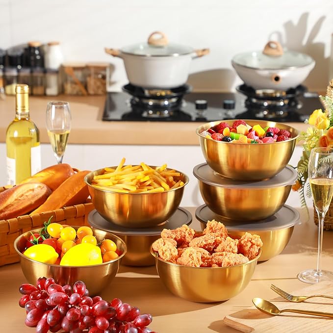 Nuogo 12 Pack 8.27 inches Gold Mixing Bowls with Airtight Lids Gold Serving Bowl Metal Salad Fruit Bowls Stainless Steel Soup Bowls Kitchen Accessories for Lunch Snack