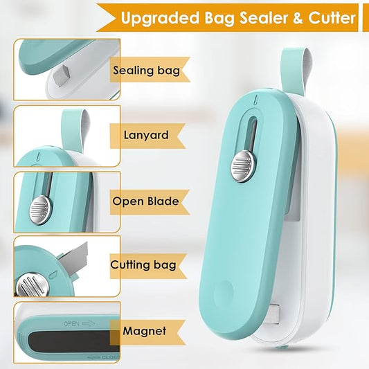 FEPPO Mini Bag Sealer, 2 in 1 Bag Sealer Heat Seal with Cutter and with Lanyard, Mini Bag Resealer Machine for Plastic Bags Snack Bags Food Storage (Batteries Included)