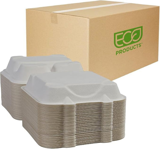 ECO PRODUCTS Compostable Vanguard 8" Clamshell To Go Containers, Case of 200, 3 Compartment, Square Take Out Food Box, White Renewable Molded Fiber, No-Added PFAS, ASTM Compliant, BPI-Certified