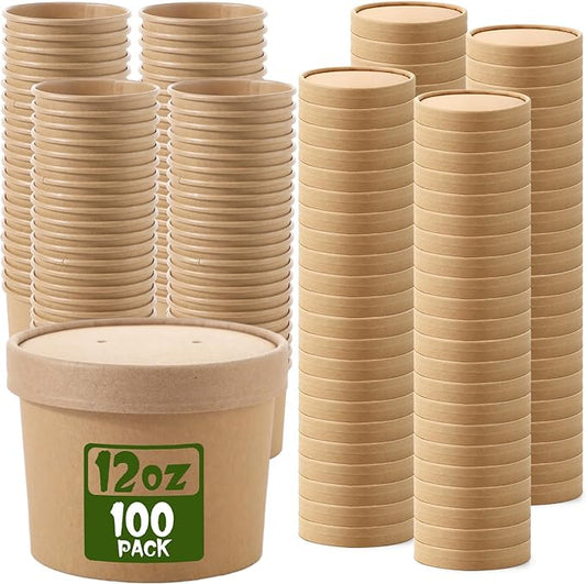 Fulmoon 100 Pack Paper Soup Containers with Lids Disposable Paper Food Containers with Vented Lids Kraft Ice Cream Bowls Soup Cup Ice Cream Cups for Restaurants(12 oz,Brown)