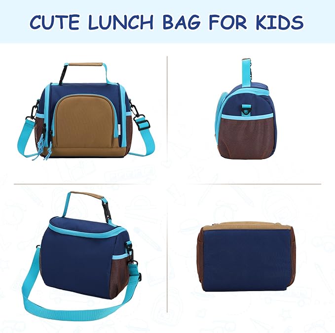 VASCHY Lunch Bag for Kids, Boys Cute Reusable Insulated Large Lunch Box Container for Daycare School Kindergarten Preschool Brown Navy