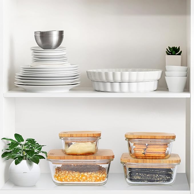 DE Glass Food Storage Containers with Bamboo Lids (Pack of 4) Eco Friendly Glass Meal Prep Containers Reusable BPA Free Bento Lunch Box Airtight Plastic Free Glass Container with Lid