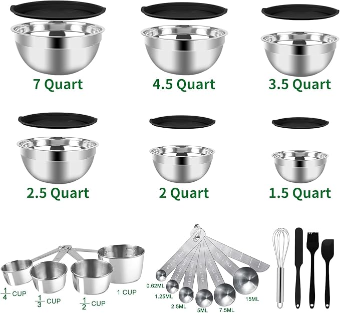 Mixing Bowls Set, 27PCS Stainless Steel Mixing Bowl with Lid Set, Large Nesting Bowls 7, 4.5, 3, 2.5, 2, 1.5QT, Measuring Cups and Spoons Baking Utensils Metal Bowl for Kitchen Prep