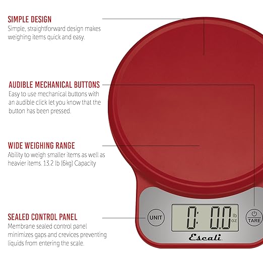 Escali Telero Digital Food Scale, Multi-Functional Kitchen Scale, Precise Weight Measuring and Portion Control, 7.62 x 6.1 x 1.28 inches, Red (T136)
