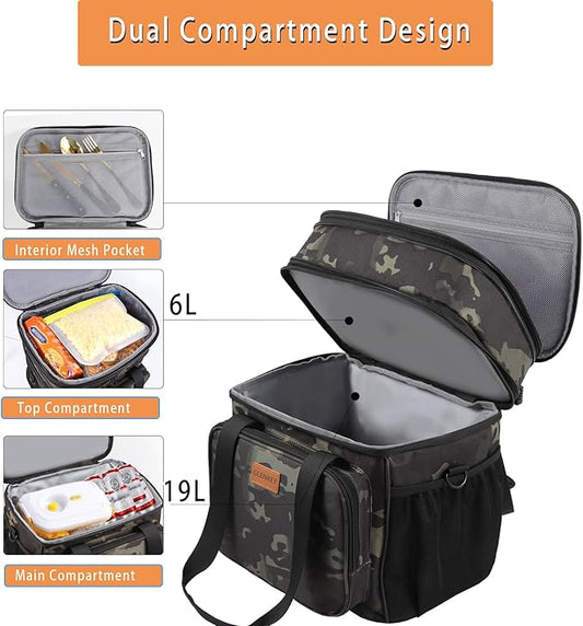 Expandable XLarge Lunch Box, Insulated Heavy Duty Lunch Bag Waterproof Leakproof Durable Cooler Bag for Men Women Adults Work Construction Camping Trip, 22L, Black-Camo