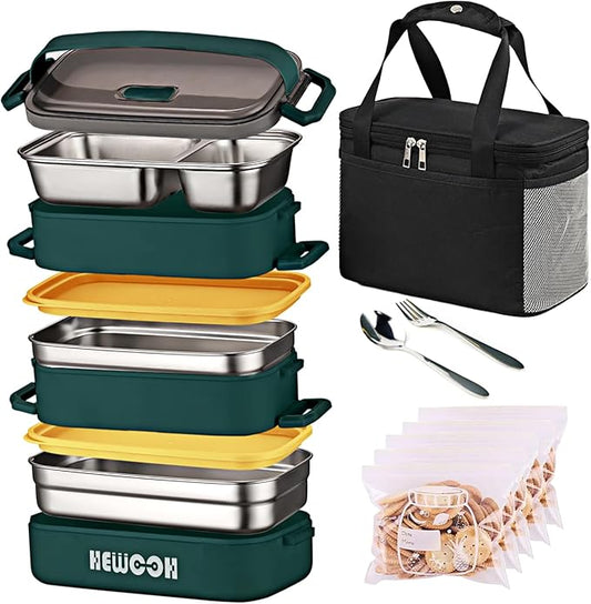 HEWOOH Large Bento Box Adult Lunch Box (74 Oz Large Capacity), Reusable, Including Lunch Bag, Fork And Spoon, 3 Dividers, Suitable For Work, Picnic, Dishwasher And Microwave Safe. （Green）
