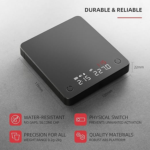 Portable Coffee Scale,Electronic Digital Espresso Scale with Timer,2kg/0.1g High Precision,USB Type-C Charging,Rechargeable 1800mAh Battery Black