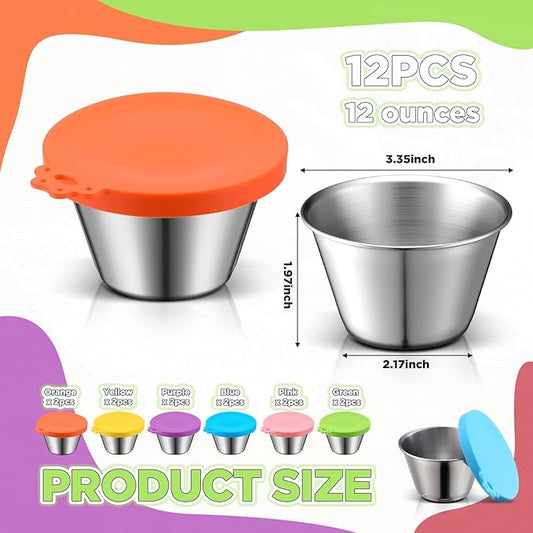 12 Pack 6 oz Stainless Steel Snack Containers with Silicone Lids Leak Proof Metal Snack Containers Stackable Lunch Box Food Storage for Daycare Travel Picnic