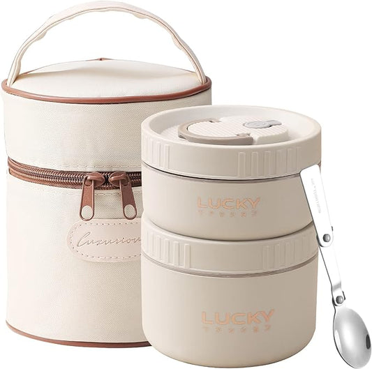 VANDHOME Thermal Bento Lunch Box Set, Portable Insulated Lunch Container For Adults Kids School Work, Stainless Steel Keep Warm Food Container With Bag, Induction Cooker & Microwave Safe (Beige 34oz)