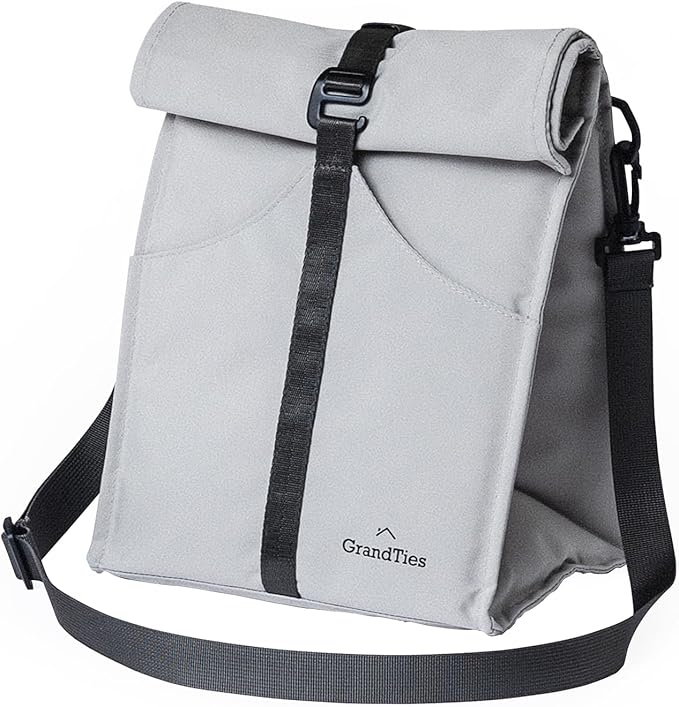 GRANDTIES Insulated Lunch Bag for Women, Men, Adults - Rolltop Leak Proof Meal Prep Lunch Box Containers, Reusable Snack Bags, Travel Cooler, Small Soft Cooler Bag, Fold Top Sandwich Bags, Grey