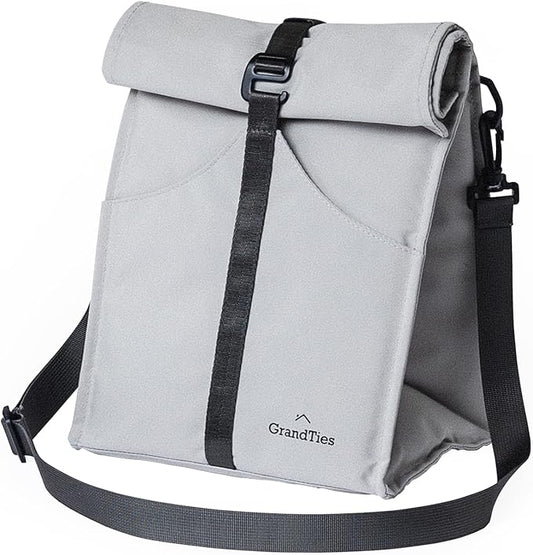 GRANDTIES Insulated Lunch Bag for Women, Men, Adults - Rolltop Leak Proof Meal Prep Lunch Box Containers, Reusable Snack Bags, Travel Cooler, Small Soft Cooler Bag, Fold Top Sandwich Bags, Grey