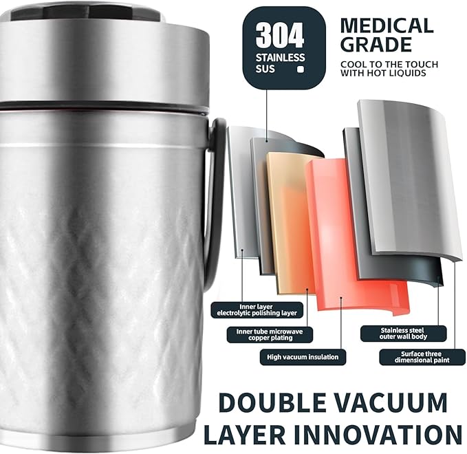 67oz Thermos for Hot Food,3-Layer Sealed Stackable Food Thermos,with Lunch Bag Soup Thermos Wide Mouth,It Is Suitable for Daily Office Meals, and Outdoor Meals (Silver)