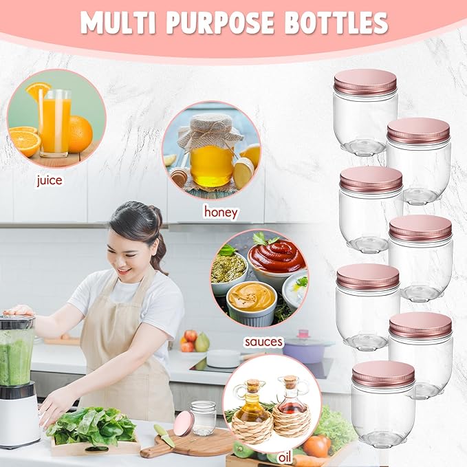 Tanlade 60 Pcs 4 oz Clear Plastic Wide Mouth Mason Jars with Lids Small Honey Jar Mini Storage Containers Bulk for Herb Jelly Butter Wedding Favors Shower Party(Rose Gold)