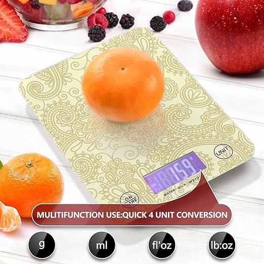 Food Scale Kitchen Scale for Baking Cooking Digital Food Weighing Measuring Scale Small Waterproof Electric Food Scale Gold Paisley Damask