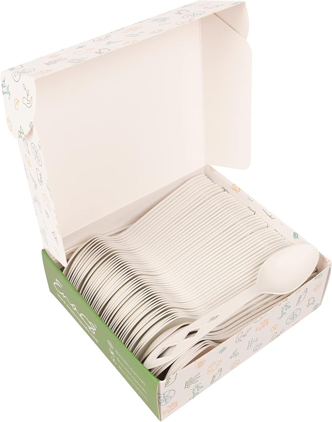 100% Compostable Non Plastic Spoons [100 Pack] CPLA Disposable Spoons. Non Plastic Silverware Set. Eco-Friendly Cutlery, Off White Flatware, Extra Sturdy Utensils, by Earth's Natural Alternative