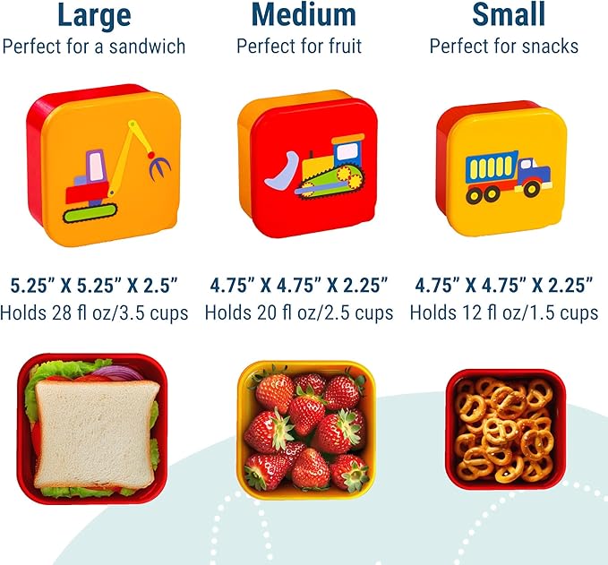 Wildkin Nesting Food Containers for Kids – Stackable, Airtight & Dishwasher Safe - Set of 3 - Under Construction