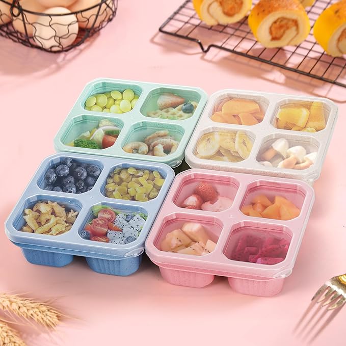 8 Pack Snack Containers, Reusable Bento Lunch Boxes for Kids Adults, Meal Prep Lunch Containers 4 Compartment Small Portion, Wheat Straw Divided Food Storage Containers for School Work