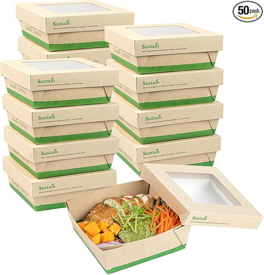 Restaurantware-27 Ounce Sturdy Paper Take Out Boxes, 50 Disposable Take Out Food Containers - With PLA lining, Paper Lid With Clear PLA Window, Bamboo Paper Containers, Compostable, Greaseproof