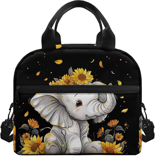 Showudesigns Sunflower Elephant Lunch Box for Girls Kids Insulated Lunch Bag Reusable Shopping Bag Keep Food Cold and Warm Crossbody Tote Bags Cute Lunchbox Travel Picnic Organizers