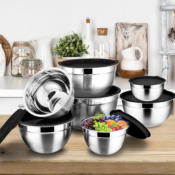 Menbyci 6 Pcs Mixing Bowls with Lids,Stainless Steel Mixing Bowls with 3 Grater Attachments,Kitchen Utensils,Mixing Bowl Set for Kitchen Mixing Baking Prepping Cooking Serving,Black